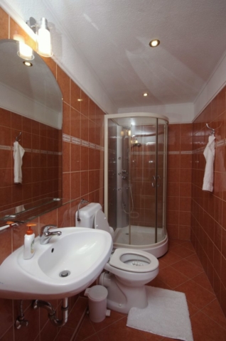 Téli szobához tartozó fürdőszoba (Mosdó, zuhanykabin,WC) a gyulai Bodza apartmanban